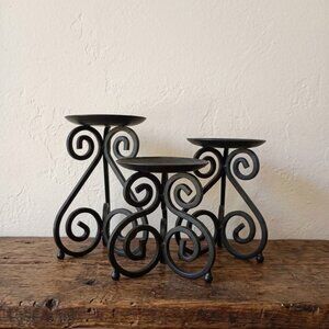 Set of 3 Black Wrought Iron Scrollwork Pillar Candle Holders French Country Vtg